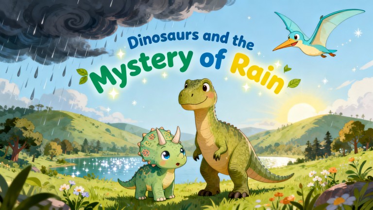 Cover illustration for Dinosaurs and the Mystery of Rain