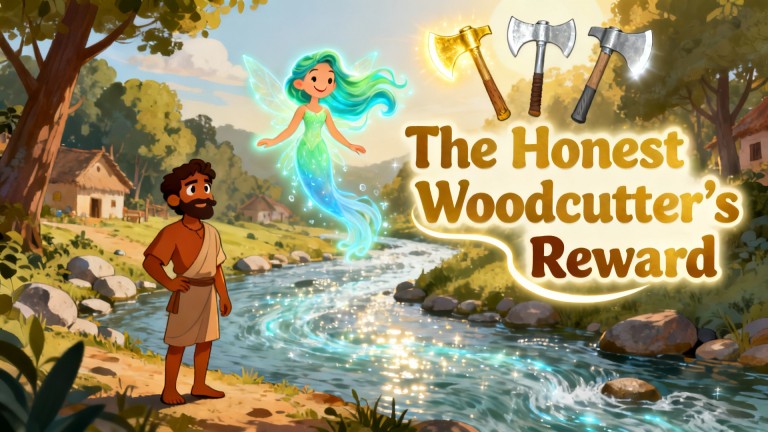 Cover illustration for The Honest Woodcutter's Reward