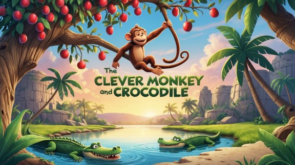 Cover illustration for The Clever Monkey and the Crocodile