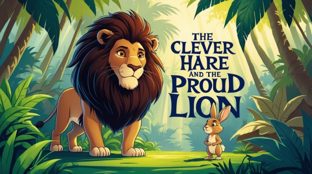 Cover illustration for The Clever Hare and the Proud Lion