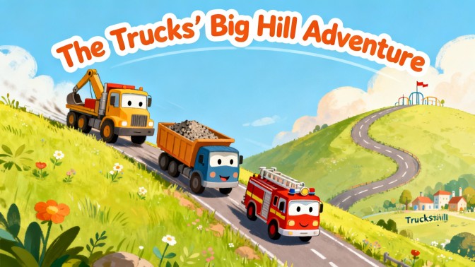 Cover illustration for The Trucks' Big Hill Adventure